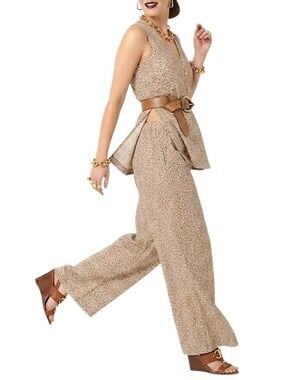Vtg 90s muted clay beige floral print sleeveless tunic top wide leg pant set S